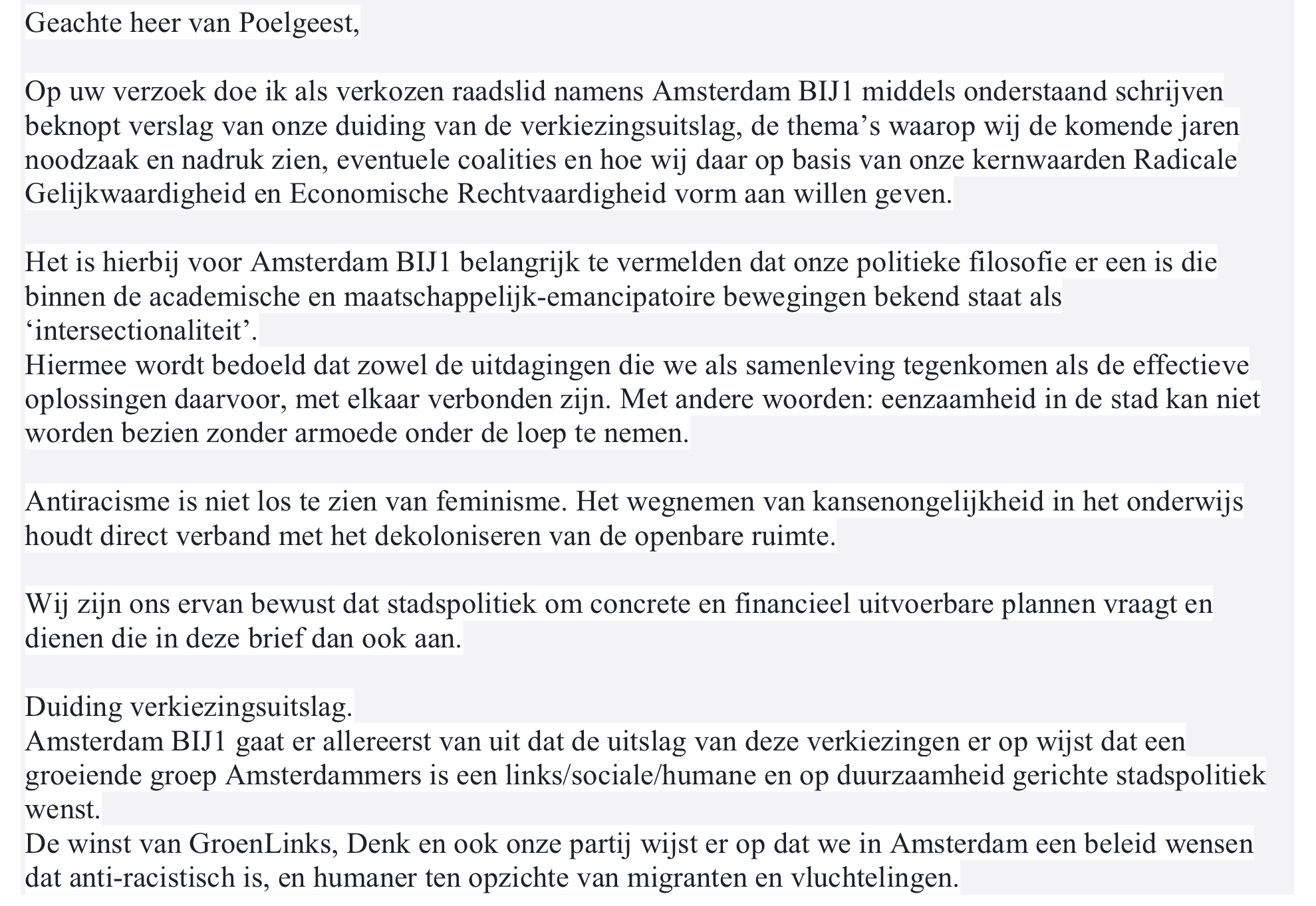 fragment brief Sylvana Simons aan informateur Maarten van Poelgeest