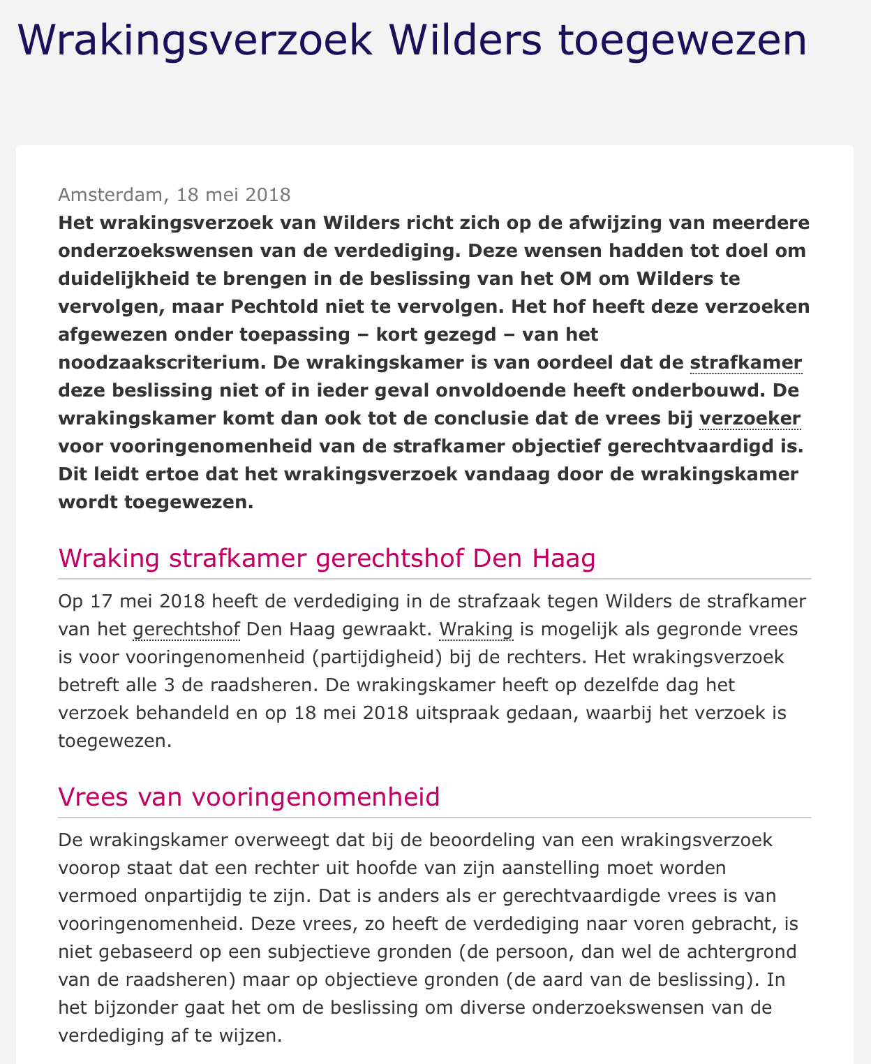 Fragment uitspraak van de Wrakingskamer in de zaak Wilders