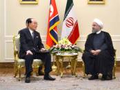 De Noord-Koreaanse parlementsvoorzitter Kim Yong-Nam op bezoek bij de Iraanse president Rouhani (7 augustus 2017)