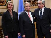 Federica Mogherini (Hoge Vertegenwoordiger Buitenlandse Zaken EU en vice-voorzitter Europese Commissie), Antonio Guterres (secretaris-generaal Verenigde Naties) en Jean-Claude Juncker (voorzitter Europese Commissie).