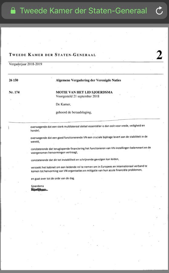 VN-motie Sjoerdsma en Van Helvert