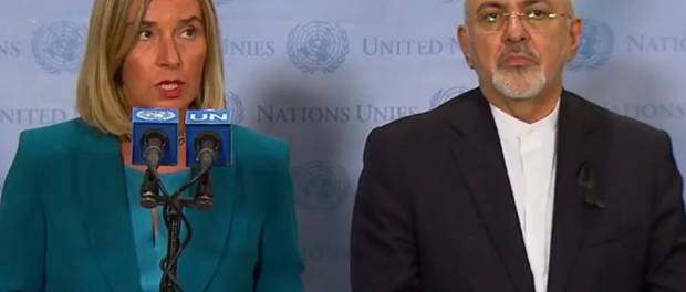 EU-Buitenlandvertegenwoordiger Federica Mogherini en de Iraanse minister Mohammed Javad Zarif (25 september 2018)
