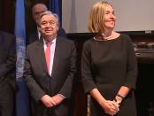 Secretaris-Generaal van de VN Guteres en EU Hoge Vertegenwoordiger Buitenlandbeleid Mogherini.