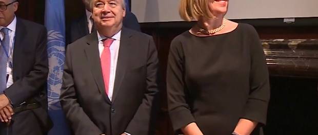 Secretaris-Generaal van de VN Guteres en EU Hoge Vertegenwoordiger Buitenlandbeleid Mogherini.