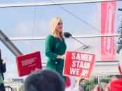 Politiek leider SP Lilian Marijnissen op een manifestatie in Rotterdam (15 september 2018).