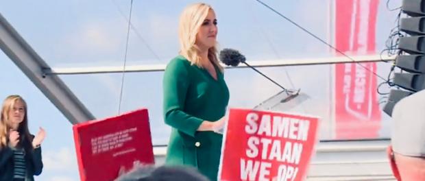 Politiek leider SP Lilian Marijnissen op een manifestatie in Rotterdam (15 september 2018).