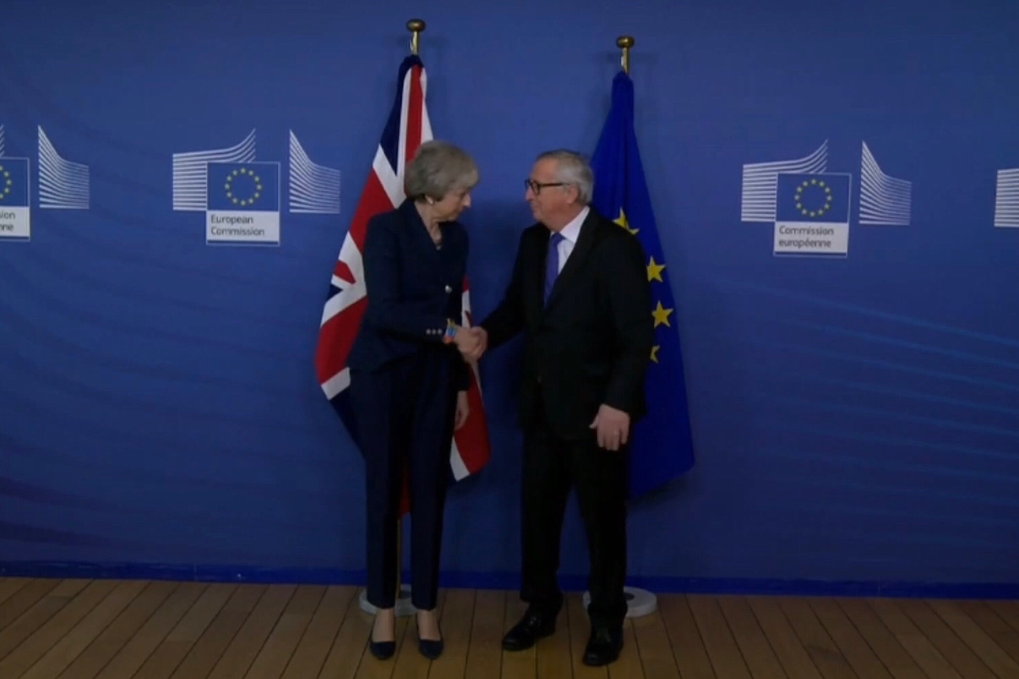 Theresa May en Jean-Claude Juncker in Brussel (7 februari 2019)