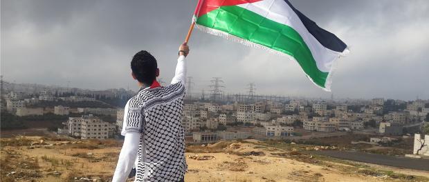Man zwaait met Palestijnse vlag bij Bet El (West Bank)