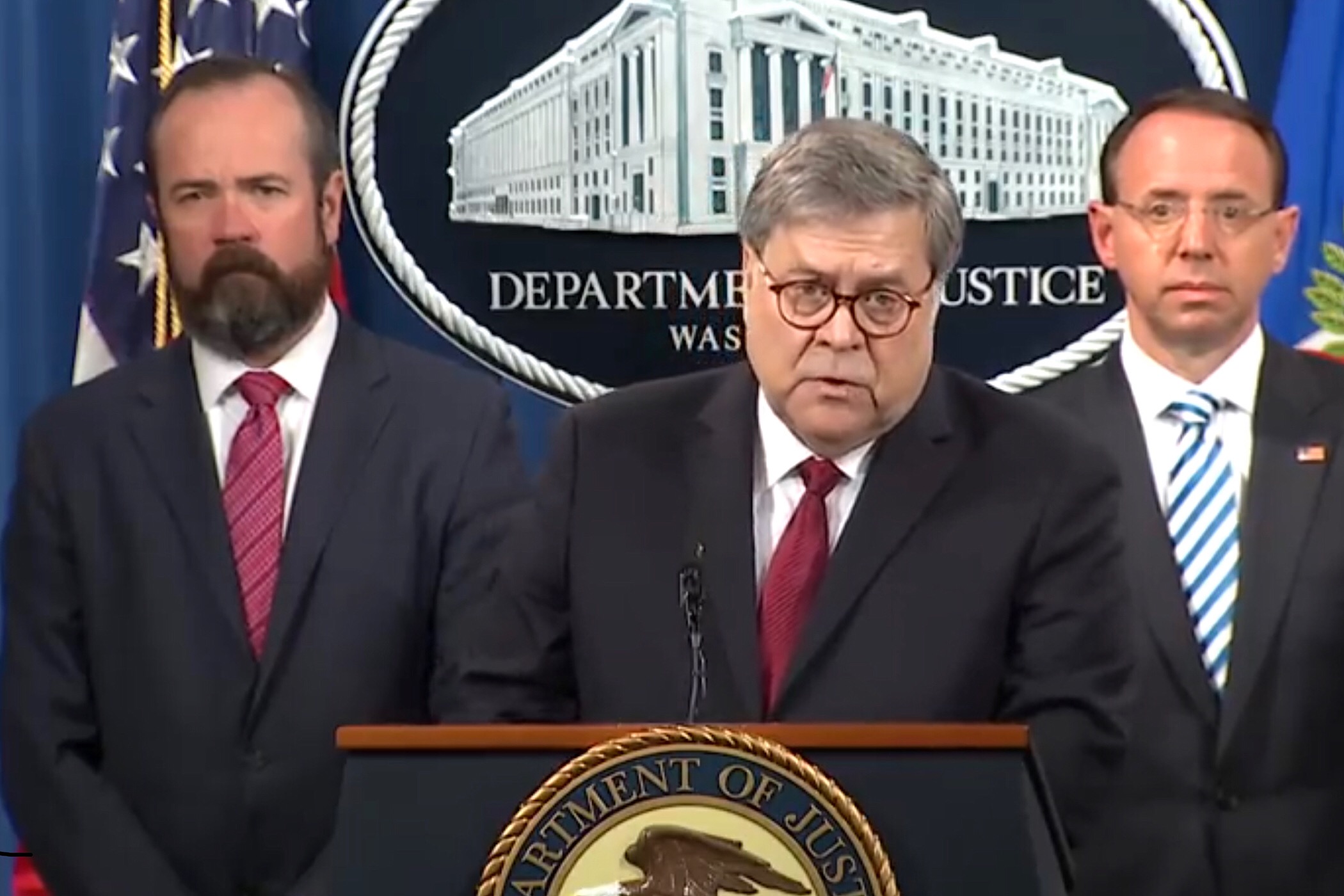 Attorney-General William Barr bij zijn persconferentie over het Mueller-rapport
